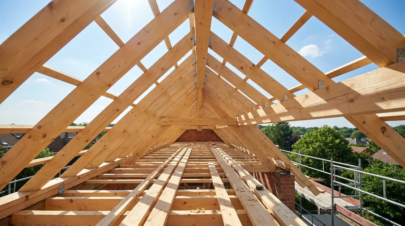 Charpente en bois neuve traditionnelle vue de l'intérieur sous toit, réalisée par un charpentier en Belgique