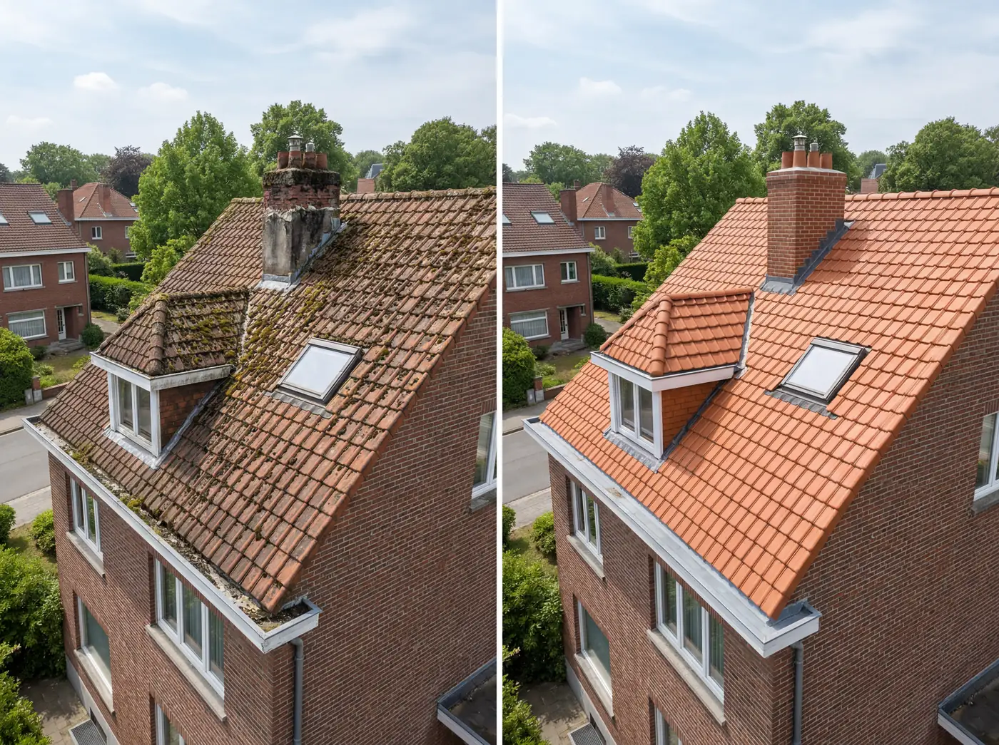 Comparaison avant/après d'un démoussage de toiture en tuiles à Bruxelles, mousses éliminées et toiture ravivée