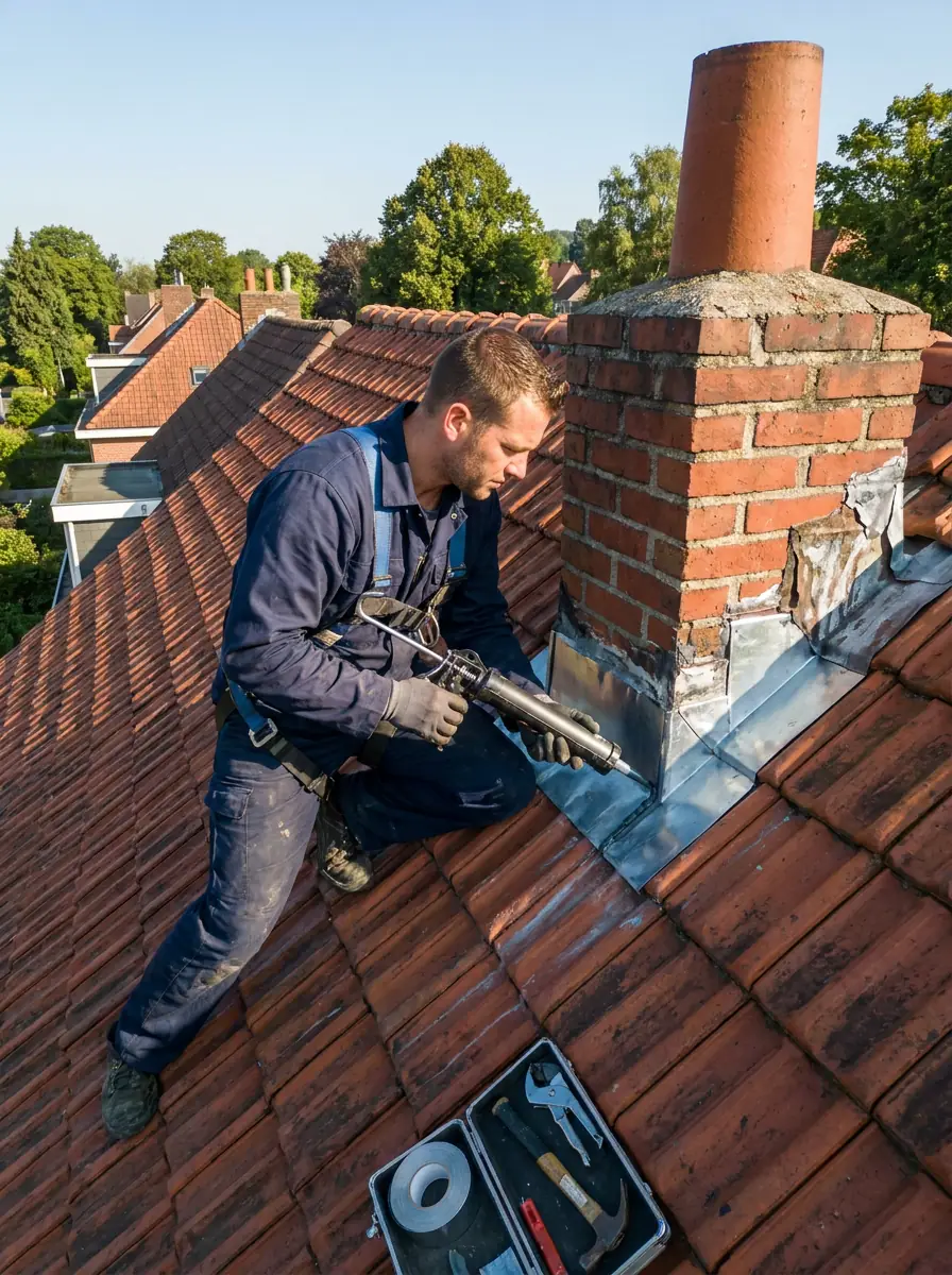 Couvreur en action posant des solins en zinc autour d'une cheminée en briques sur une toiture en tuiles