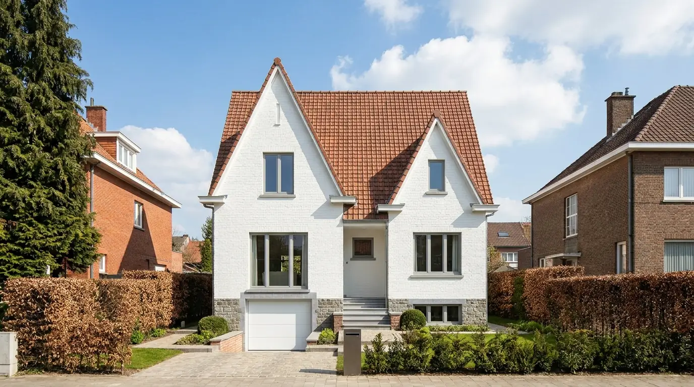 Maison neuve — Toiture en tuiles oranges (02) Belle maison blanche de style néo-traditionnel belge avec toiture en tuiles oranges, type d'habitat de Tervuren et Overijse — Couvreur à Tervuren