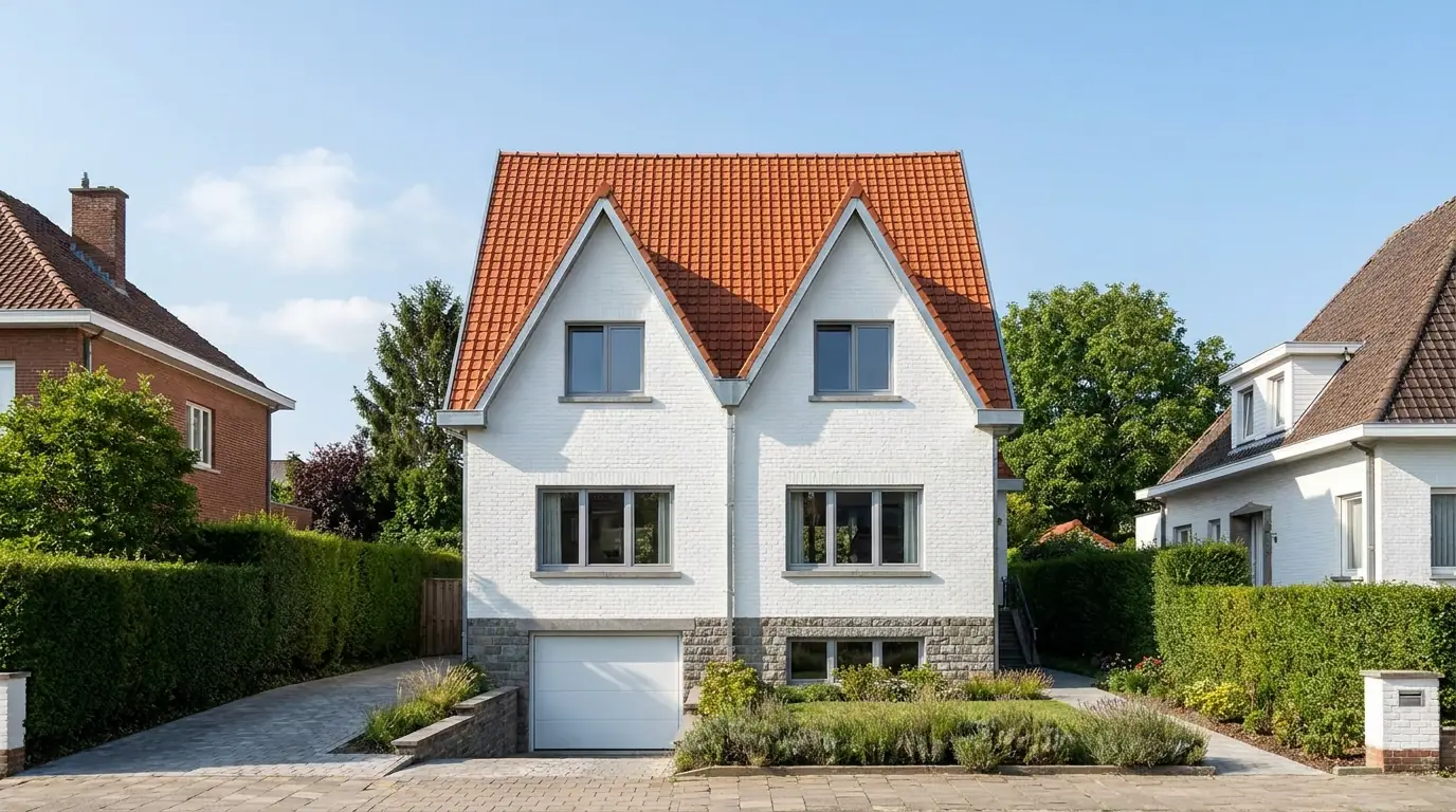 Maison neuve — Toiture en tuiles oranges (03) Belle maison blanche de style néo-traditionnel belge avec toiture en tuiles oranges, type d'habitat de Tervuren et Overijse — Couvreur à Uccle