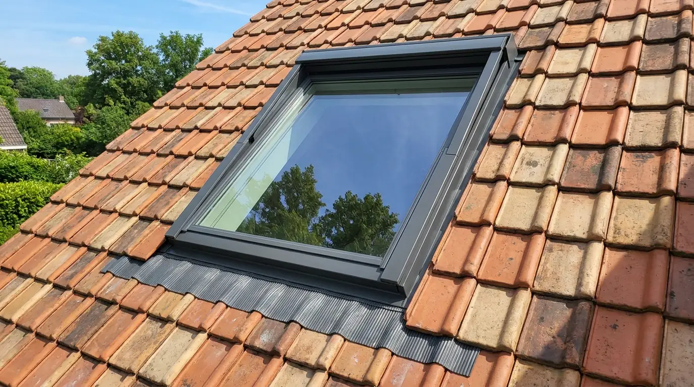 Fenêtre de toit Velux installée sur une toiture en tuiles d'argile, pose étanche par un couvreur à Auderghem