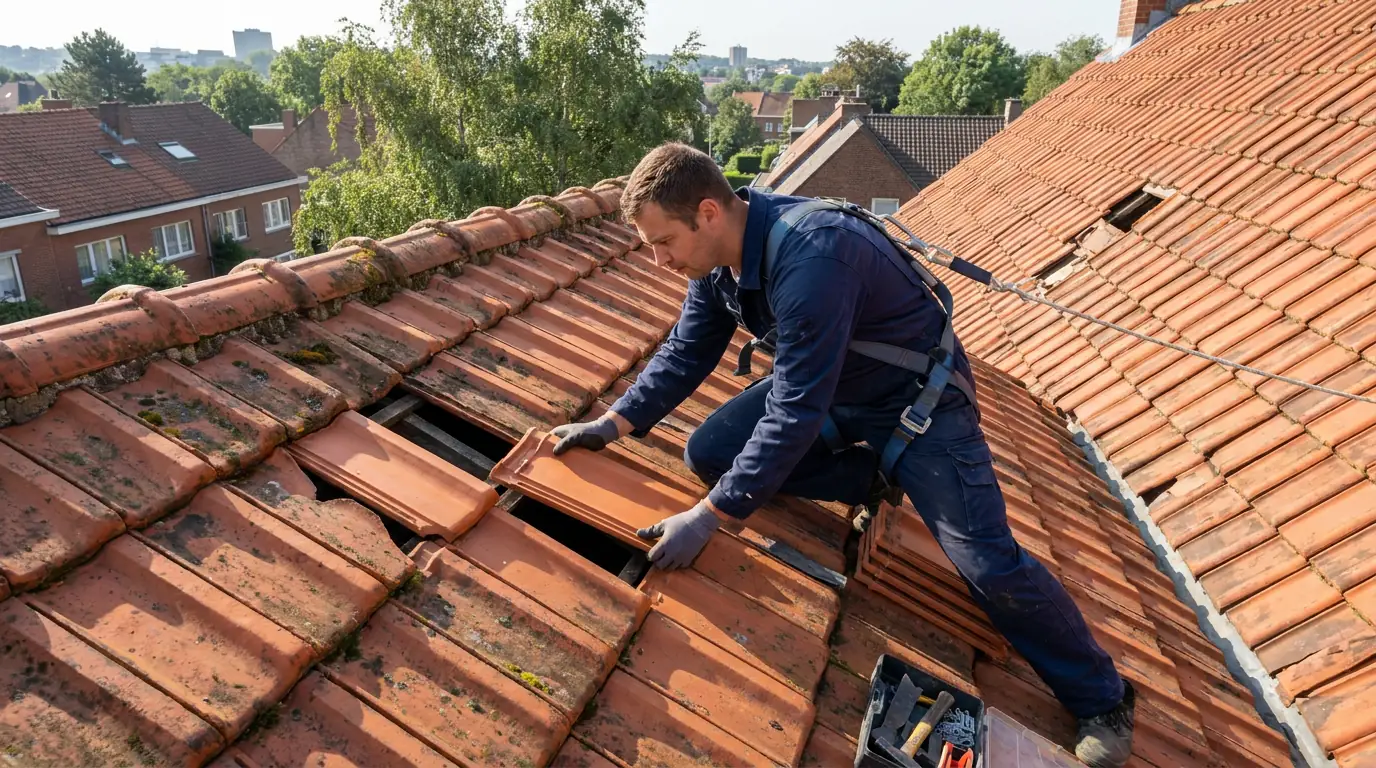 Couvreur en intervention remplaçant des tuiles cassées sur une toiture en tuiles, réparation rapide à Auderghem
