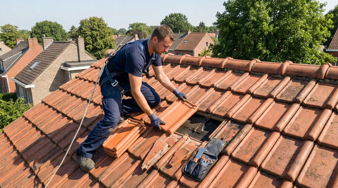 Réparation de toiture — Remplacement de tuiles (02) Couvreur en intervention remplaçant des tuiles cassées sur une toiture en tuiles, réparation rapide à Auderghem