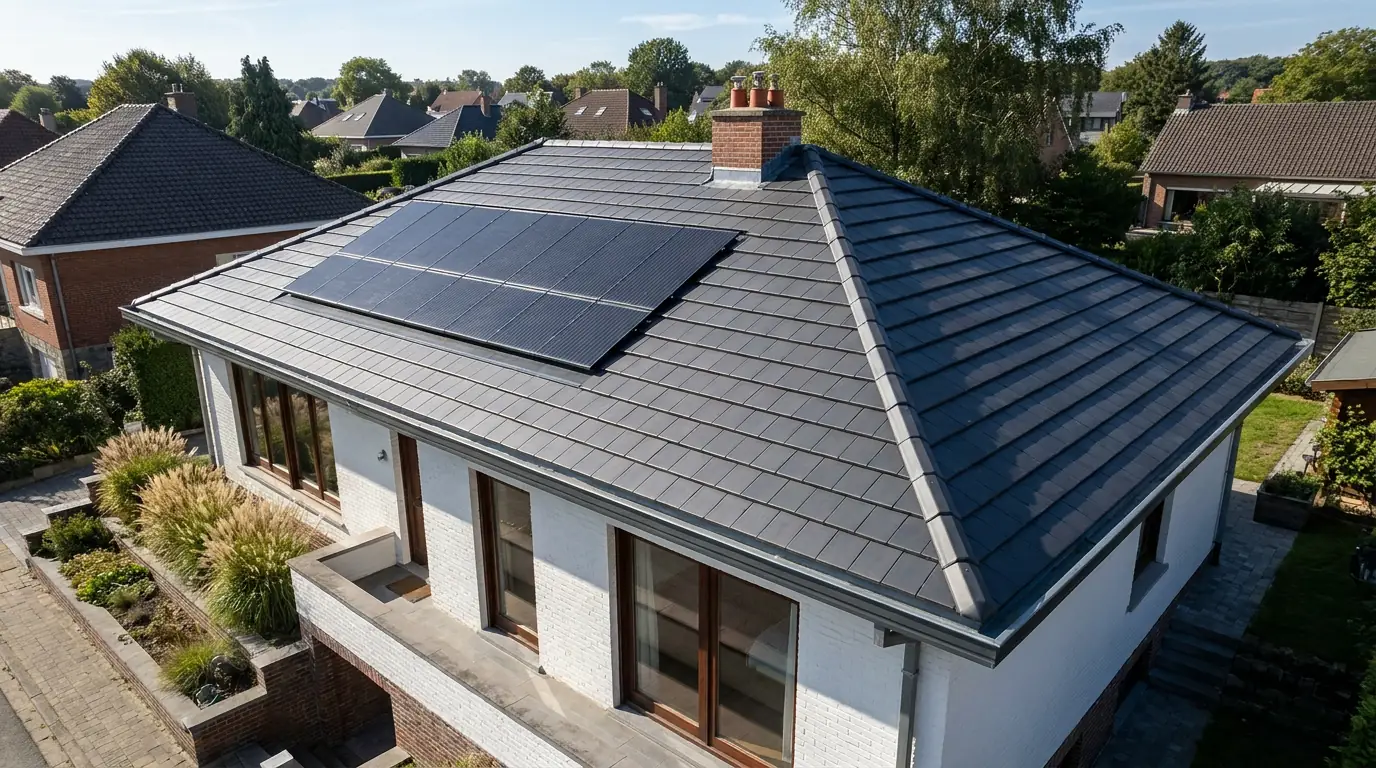 Vue drone d'une toiture neuve en tuiles anthracite avec panneaux solaires intégrés, pose par un couvreur en Belgique