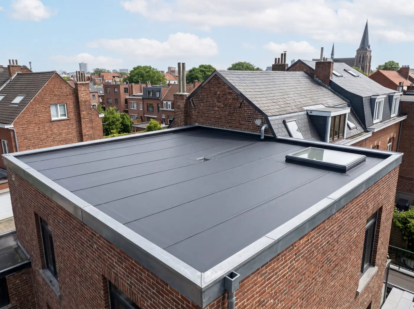 Toiture plate en EPDM — Bruxelles (01) Vue aérienne d'une toiture plate avec membrane EPDM noire sur un immeuble bruxellois, posée par un couvreur professionnel — Couvreur à Saint-Josse-ten-Noode